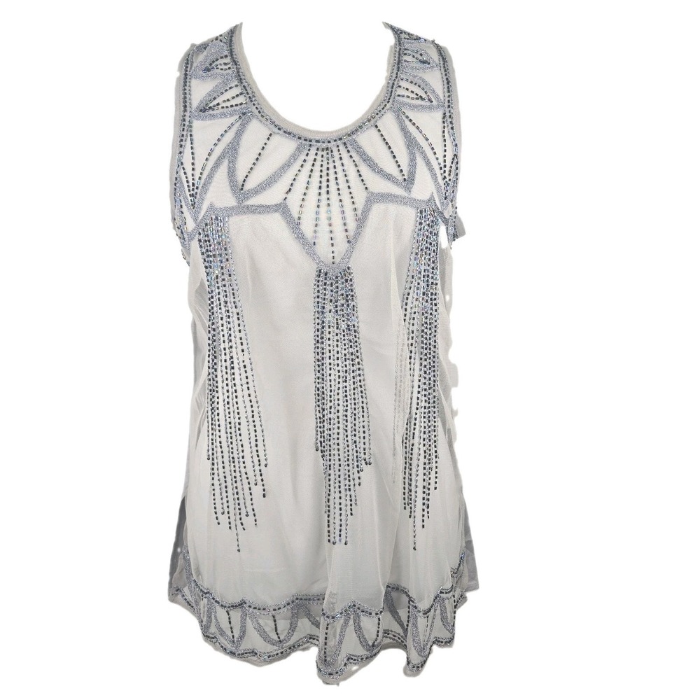 Hopeless Romantic Silver Gray Net Beaded Loose Fit Tank Top (SHELL) S/M New